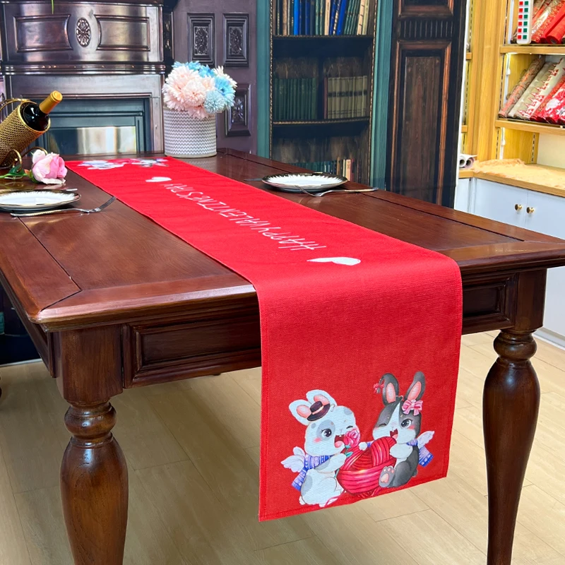 New Arrival Valentine's Day Gorgeous Warm and Fragrant Linen-like Table Runner For Dining Table Decoration Red Rabbit Home Decor