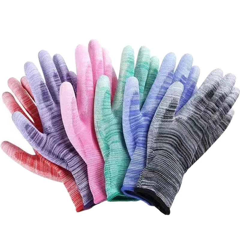 Guantes de jardinería coloridos para hombres y mujeres, guantes de dedo recubiertos, guantes de jardín de nailon PU, guantes de trabajo protectores al aire libre, 6 pares