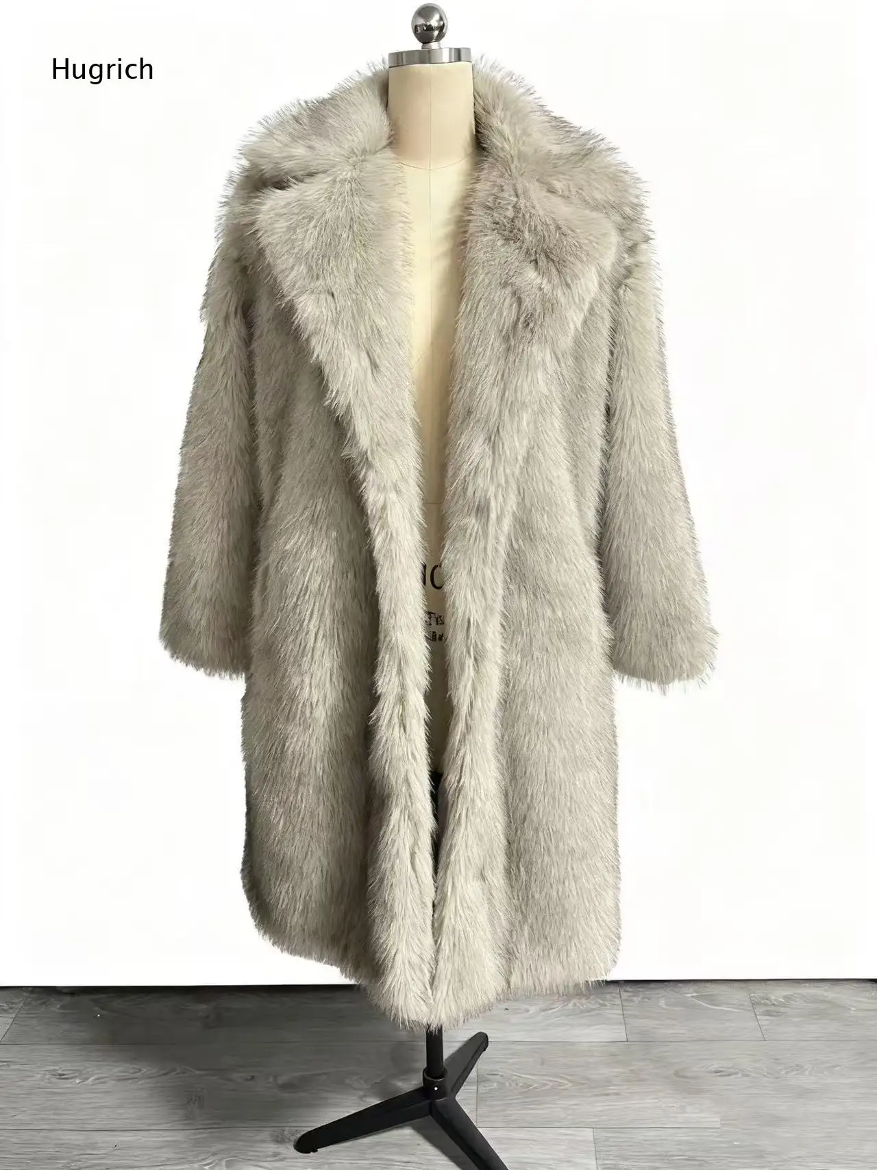 Women Light Grey Shaggy Faux Fur MidLong Coat Wide Lapel Collar Three Quarter Sleeve Loose Fit Warm Winter Outerwear