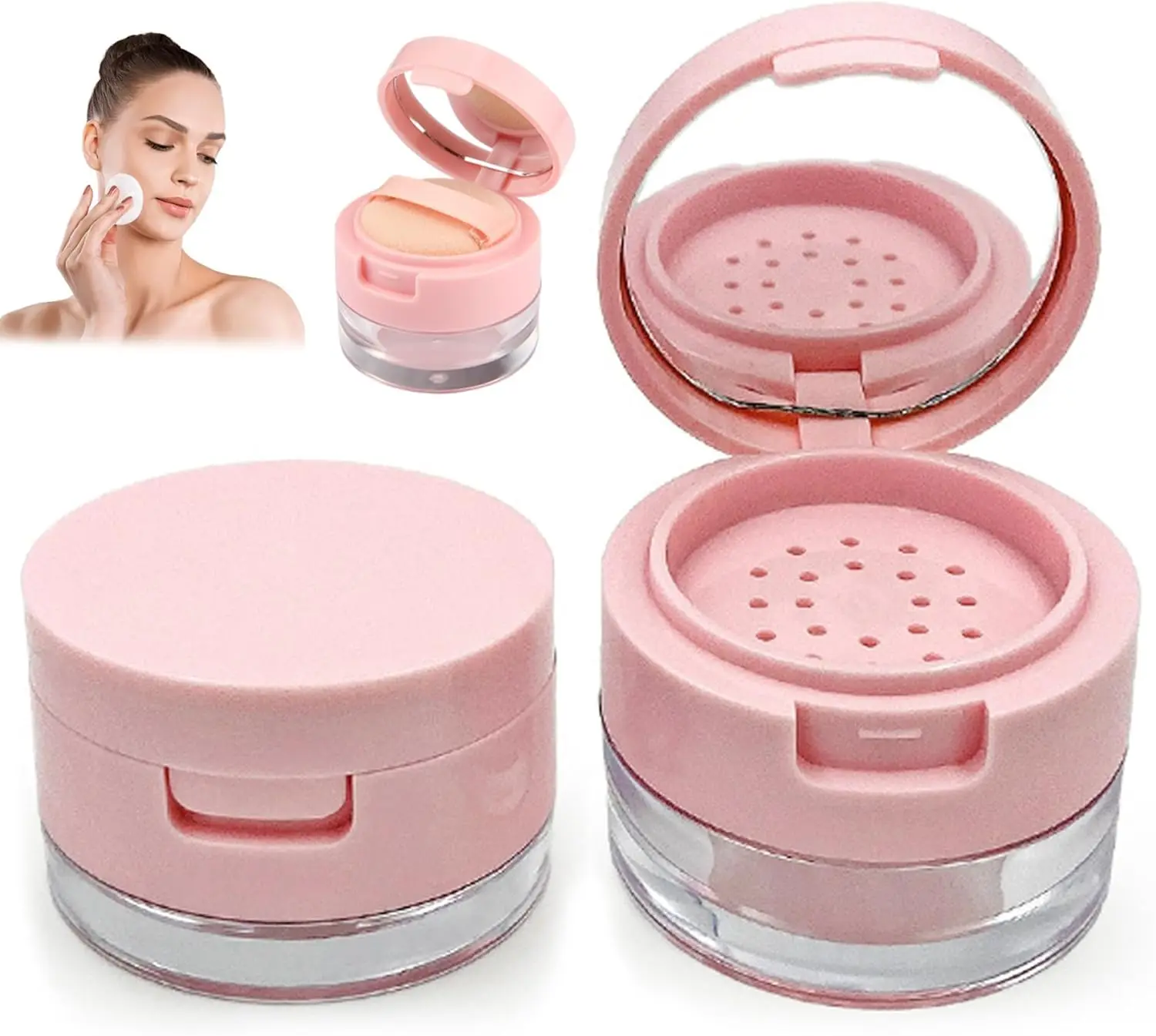 Mini 3/5Gram Travel Loose Powder Container Leak-free Reusable Plastic with Mirror Portable Flip Lid Empty Makeup Setting