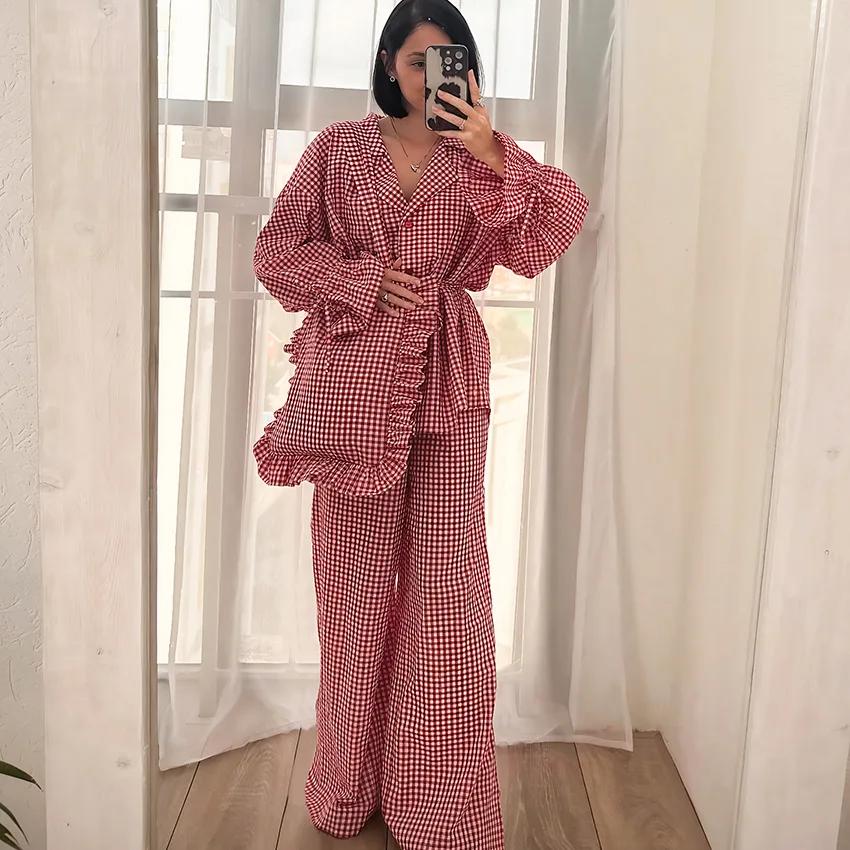 

2026 Spring/Summer New Arrival Plaid Long-Sleeved Pants Underwear Pure Cotton Pajamas Three-Piece Set for Women's Home Wear