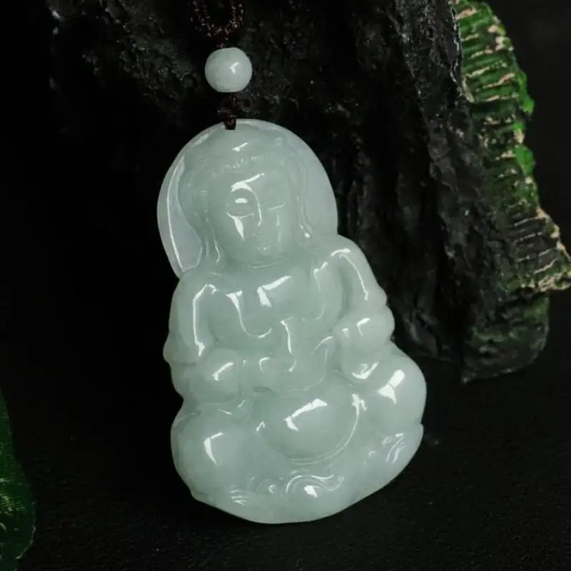 

Natural Myanmar Jadeite Grade A Burma Jade Guanyin Bodhisattva Pendant Necklace Men Women Buddhism Lucky Charm Amulet Necklaces