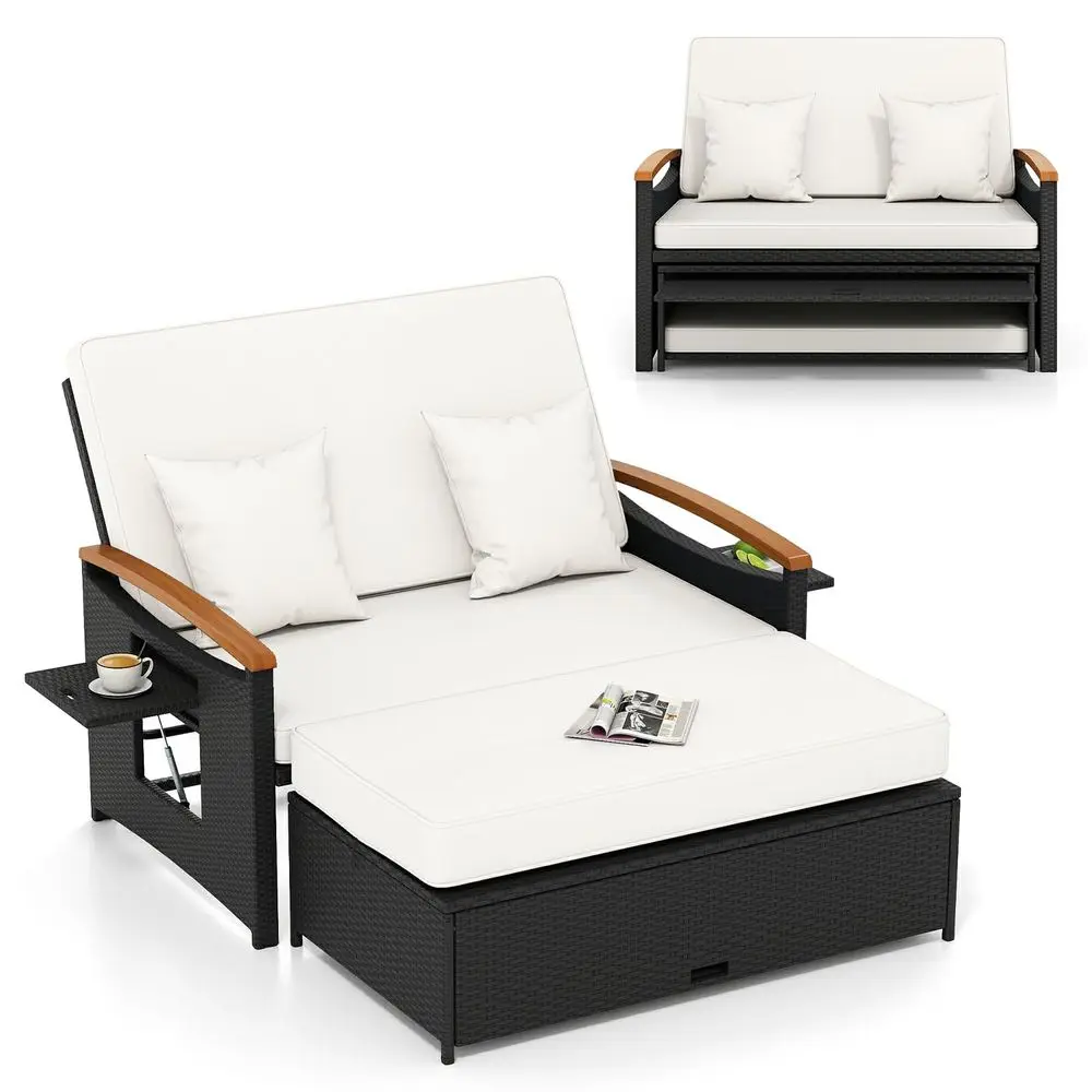 

Outdoor Wicker Daybed, Patio Rattan Loveseat Sofa w 4Level Adjustable Backrest, Folding Panels, Storage Ottoman amp Cushions, L