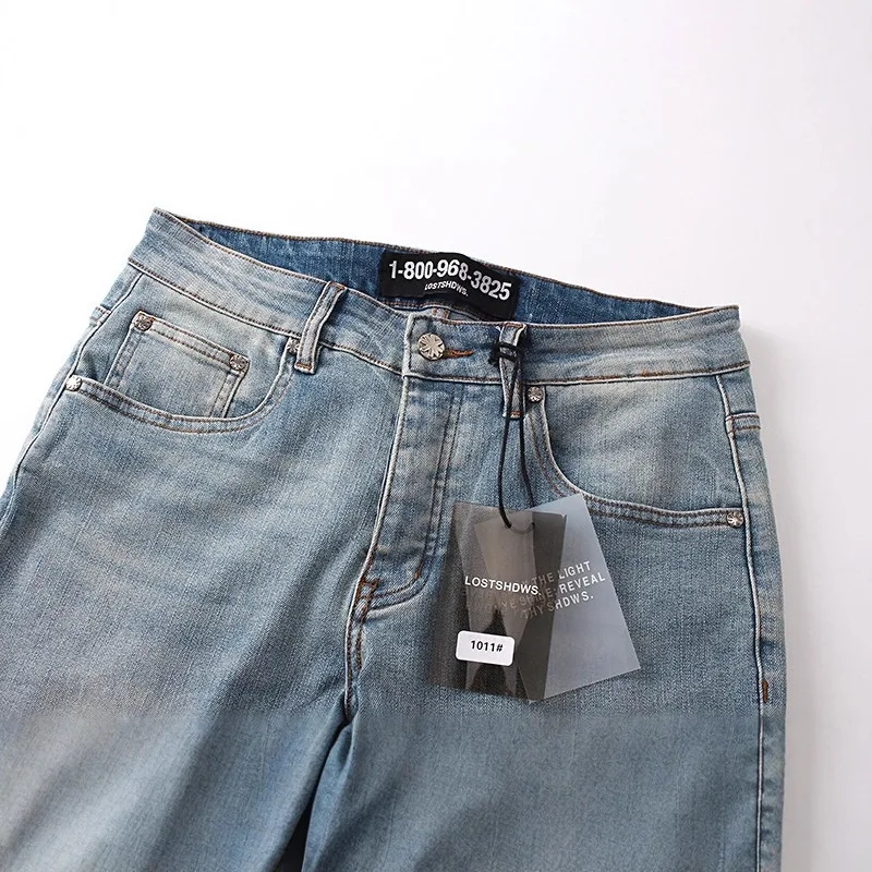 シンプルなヘビーデューティ刺繍高品質ヴィンテージウォッシュライトブルー LOSTSHDWS ジーンズハイストリートファッション男性女性