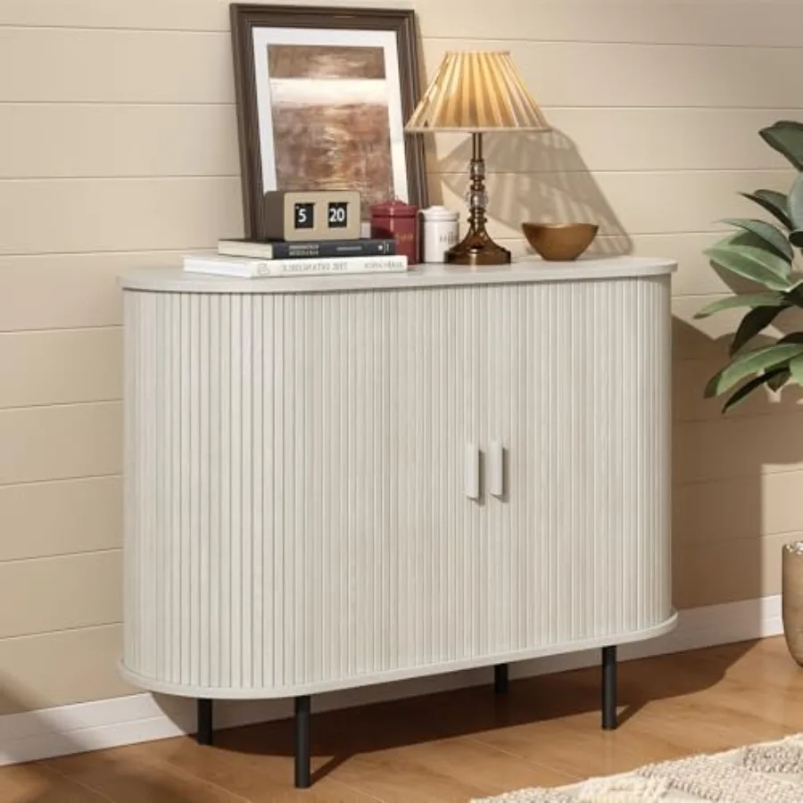 

40 Sideboard Buffet Cabinet for Kitchen Entryway, Natural White MDF with Sliding Door Adjustable Shelf, Modern Storage Solution