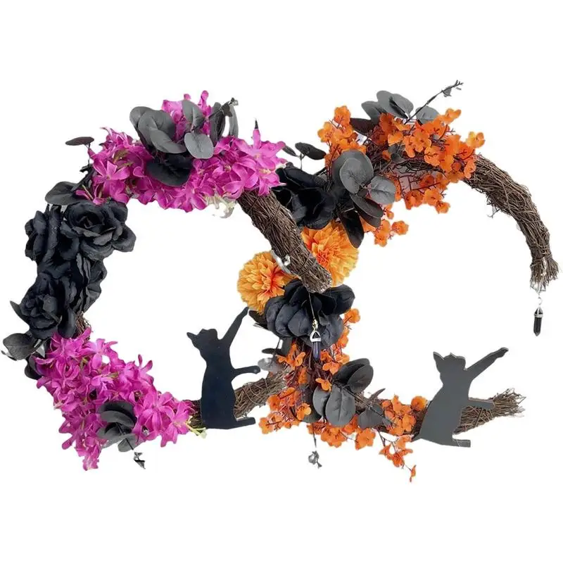 

Halloween Welcome Wreath Artificial Black Cat Door Wreaths Gothic Wreath Decorations Halloween Moon Cat Garland For Front Door