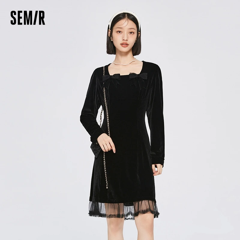 Semir Dress Women's Side Neck Bow Stitching Mesh 2023 Winter New Elegant Temperament Drape Velvet Dress