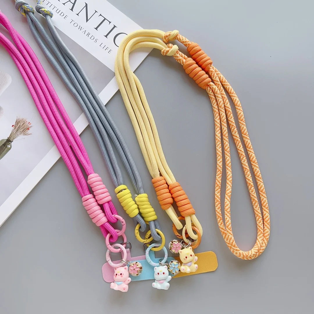 Tali Gantungan Kunci Selempang Bahu yang Dapat Disesuaikan dengan Tali Panjang Motif Kucing dan Patch Pengganti untuk Aksesoris Ponsel