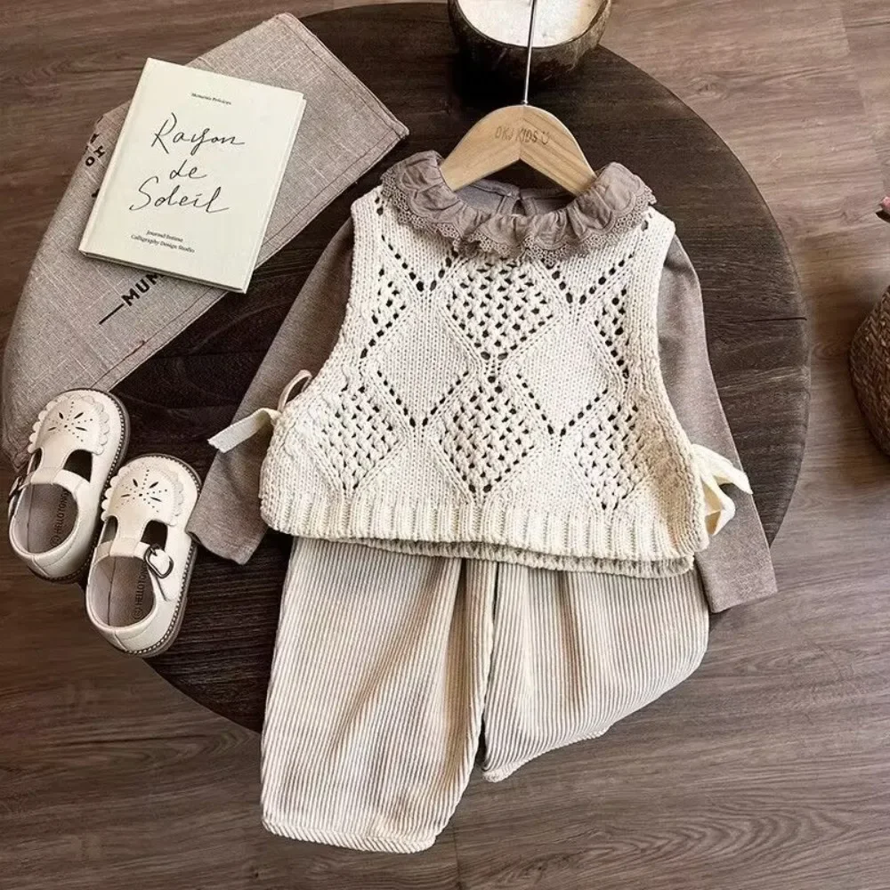 Autumn and Winter Girls' Casual Suit Long Sleeved Base Shirt+hollowed Out Patterned Vest+pants Three Piece Set Korean Version