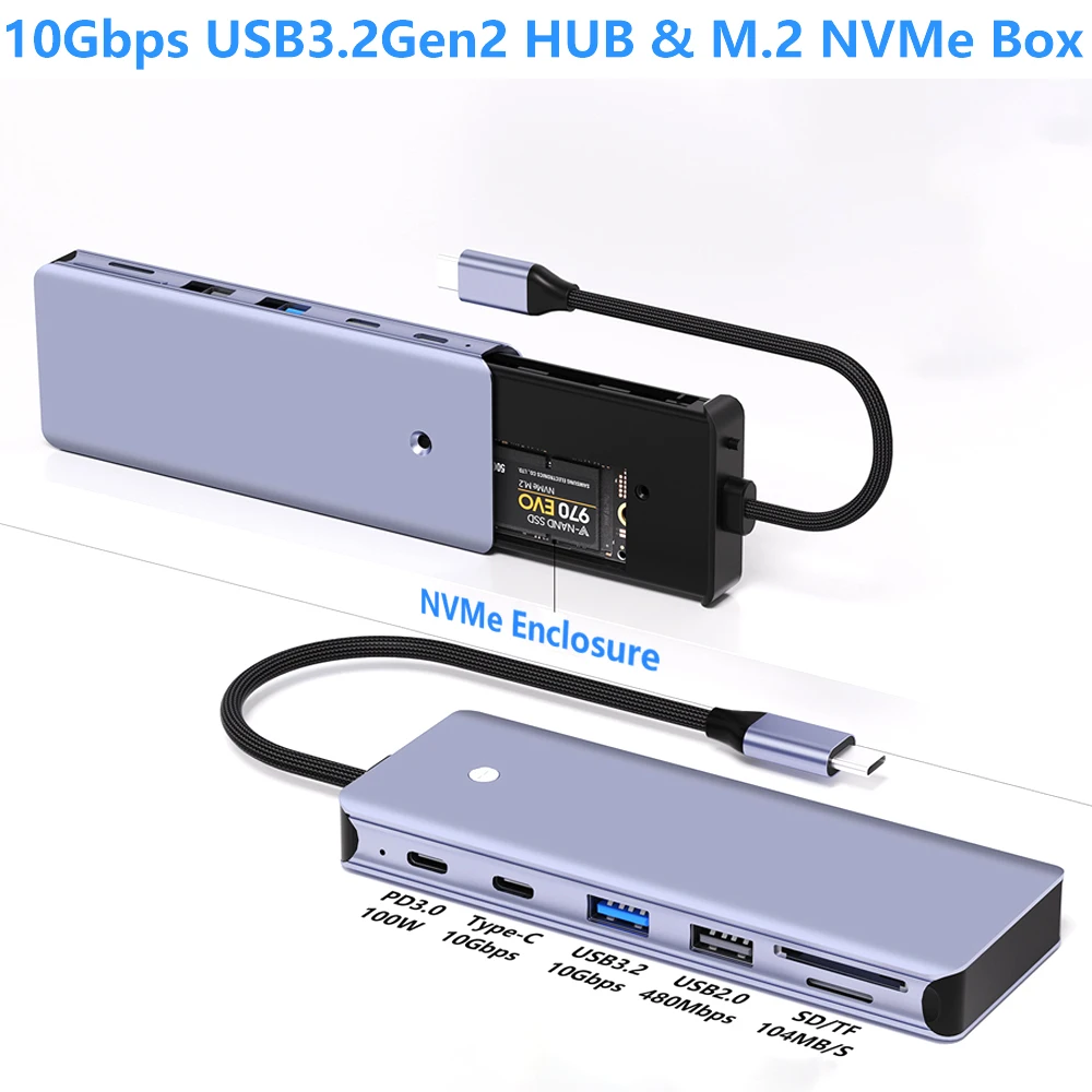 10Gbps USB3.2 Gen2 HUB with NVMe SSD Enclosure PD100W USB C Splitter for Laptop MacBook Pro/Air/Dell/Lenovo Samsung S23 24