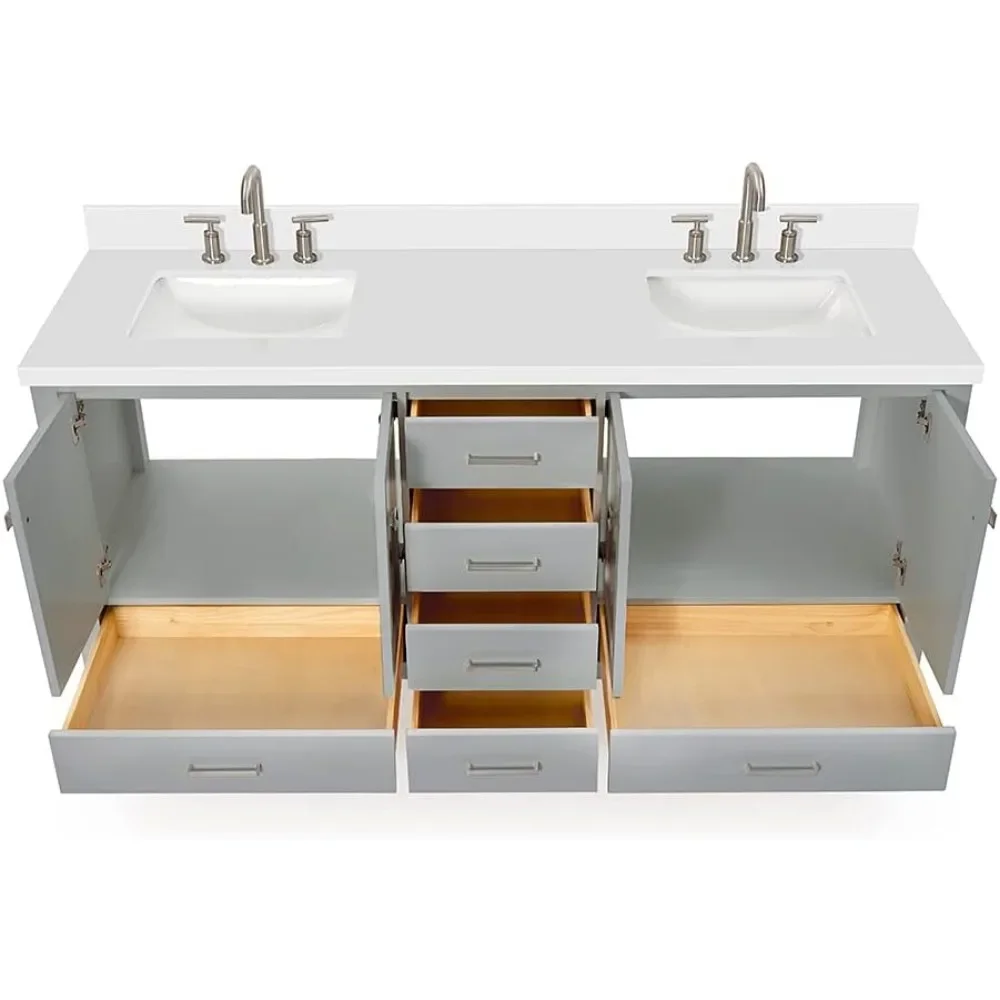 

Bathroom Vanity ,1.5" Edge Pure White Quartz Countertop & Splash, 6 Full Extension Dovetail Drawers,Bathroom Cabinets