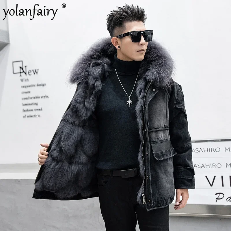 

2023 Fashion Denim Parkas Men's Fox Fur Inner Real Fur Coat Men Otter Rabbit Hair Linner Fur Jacket Male Winter Coats Warm FCY