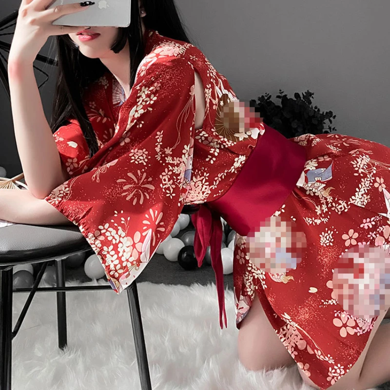 Women Sexy Short Dress Cosplay Japanese Kimono Costume Bathrobe Bodysuit Women Sexy Lingerie Floral Sleepwear Female Underwear