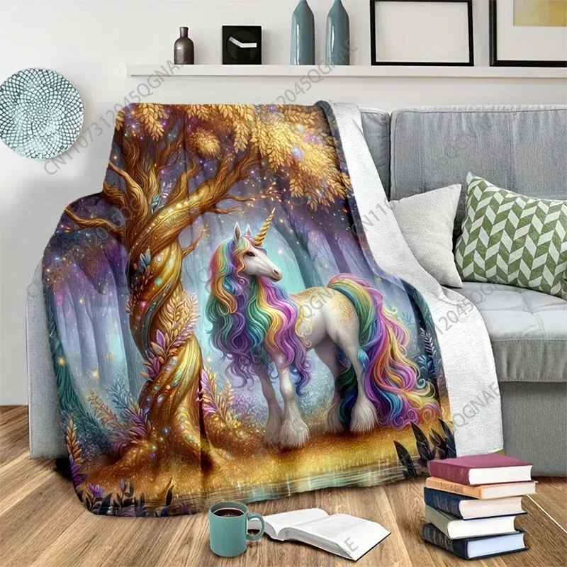 Custom Unicorn Blanket With Magical Forest & Rainbow Mane - Soft Warm Bedspread Suitable For All Seasons, Pastel Colors, Bed Sof