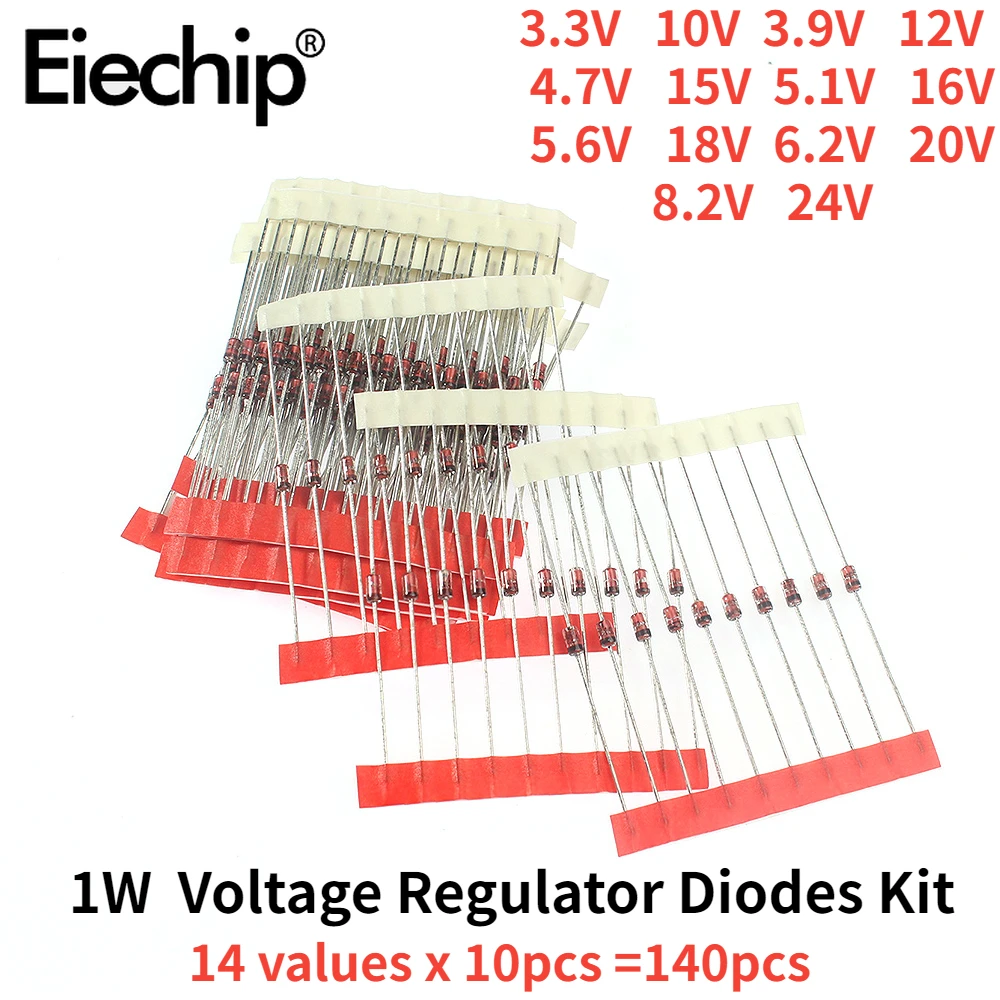 140PCS 1W Zener Diode Kit 3.3V-24V Voltage Regulator Diodes Set 14 Values 3.3V 10V 3.9V 12V 4.7V 15V 5.1V 16V 5.6V 18V 6.2V 20V