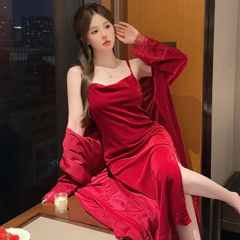 

Бордовое бархатное свадебное длинное платье-халат для невесты, сексуальное кружевное кимоно, халат, одежда для сна, комплект ночной рубашки, велюровая домашняя одежда, нижнее белье