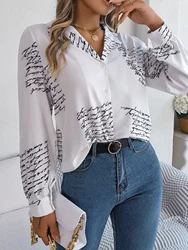 Casual Notch Collar Button Letter Print Long Sleeve Shirt For Spring & Fall, Women's Clothing