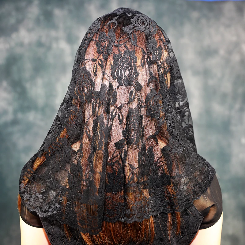 Mantilla de velo de encaje negro para Iglesia, cabeza de misa latina católica que cubre Vela Mantilla Negra Voile Dentelle Vela Negra Mantilla