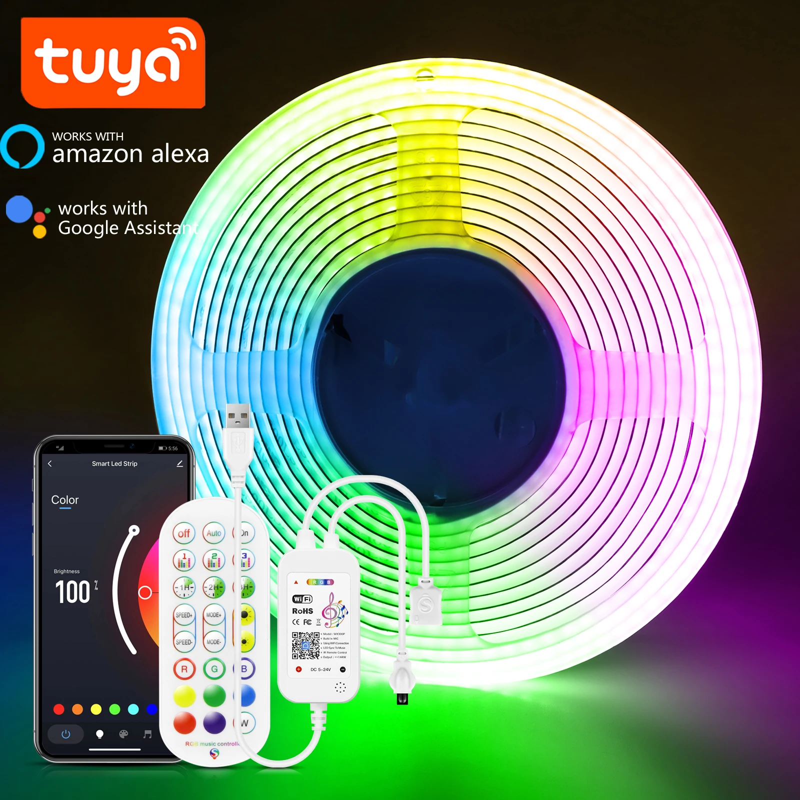 DC5V RGB COB LED Strip 1M 2M 3M WiFi COB RGB LED Strip Light Work With Tuya App/Smart Life/Alexa for TV Home Decoration Lighting