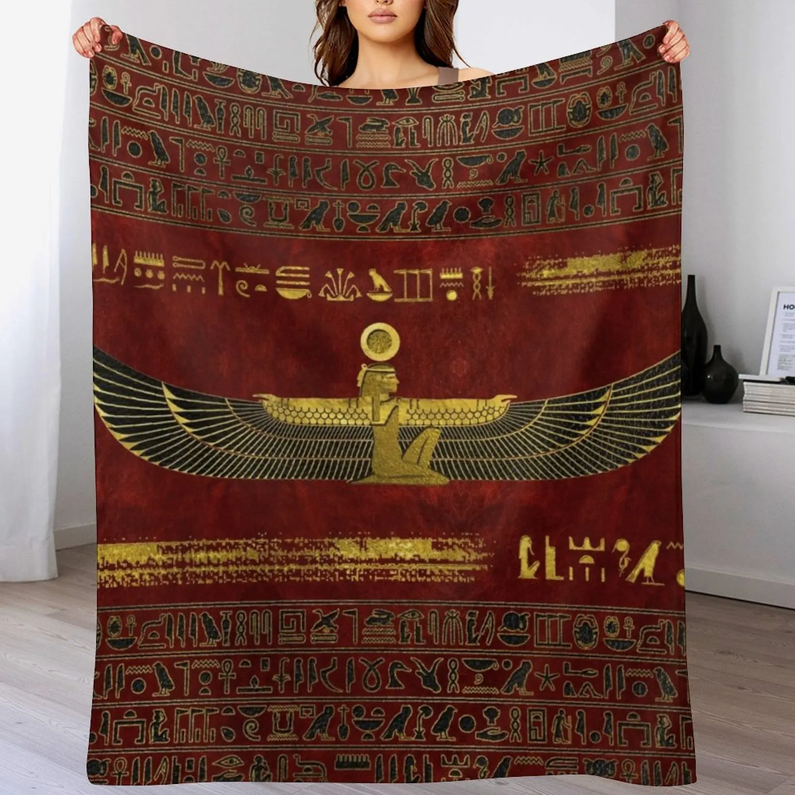 

Golden Egyptian God Ornament on red leather Throw Blanket Plaid Bed Blankets