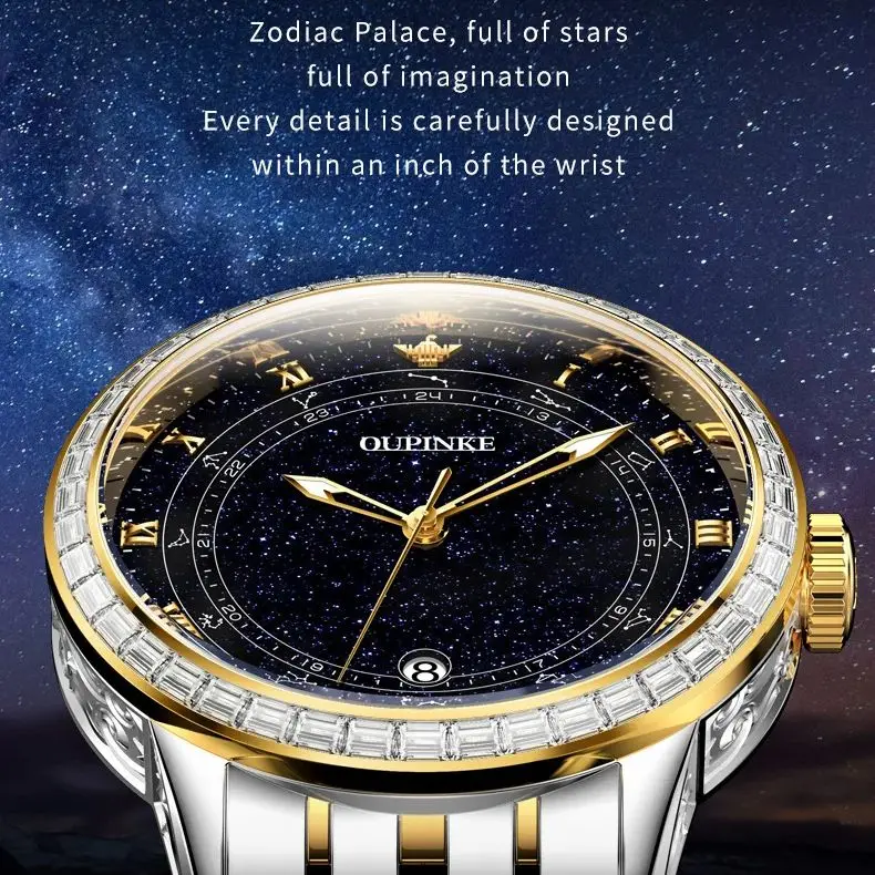 OUPINKE 3203 Orologio da uomo di lusso Orologio da uomo meccanico automatico con diamanti originali in scala romana con cielo stellato Movimento importato