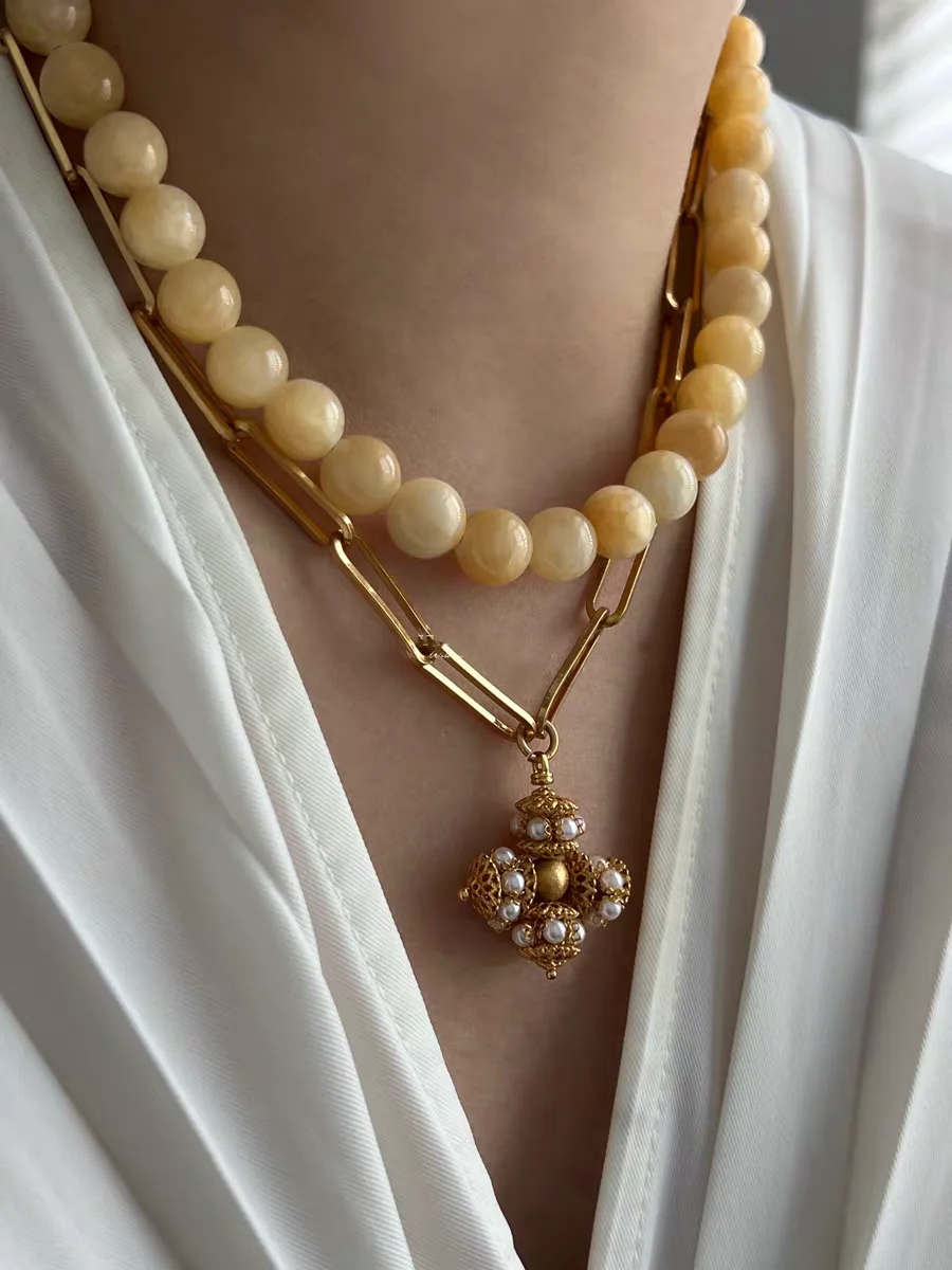 Brass Chunky Natural Beads Floral Pendant Necklace Women Jewelry Punk Designer Runway Rare Gown Boho Japan Korean