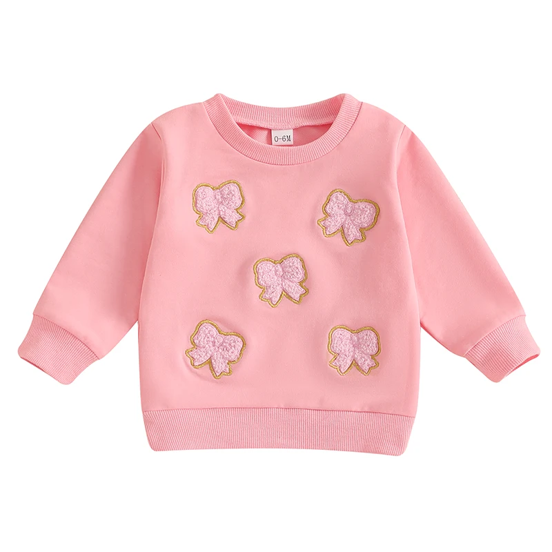 Толстовка для маленьких девочек, пуловеры с длинными рукавами и вышивкой с бантом, осенние топы для малышей, милая осенняя одежда, наряд