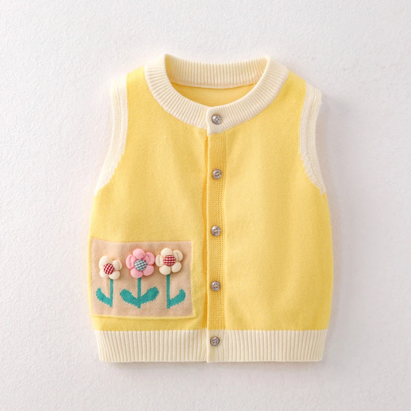 Infant Baby Knitted Vest Cotton Soft Sleeveless Sweaters Autumn Round Neck Flowers Knitting Waistcoat Toddler Girls Tops