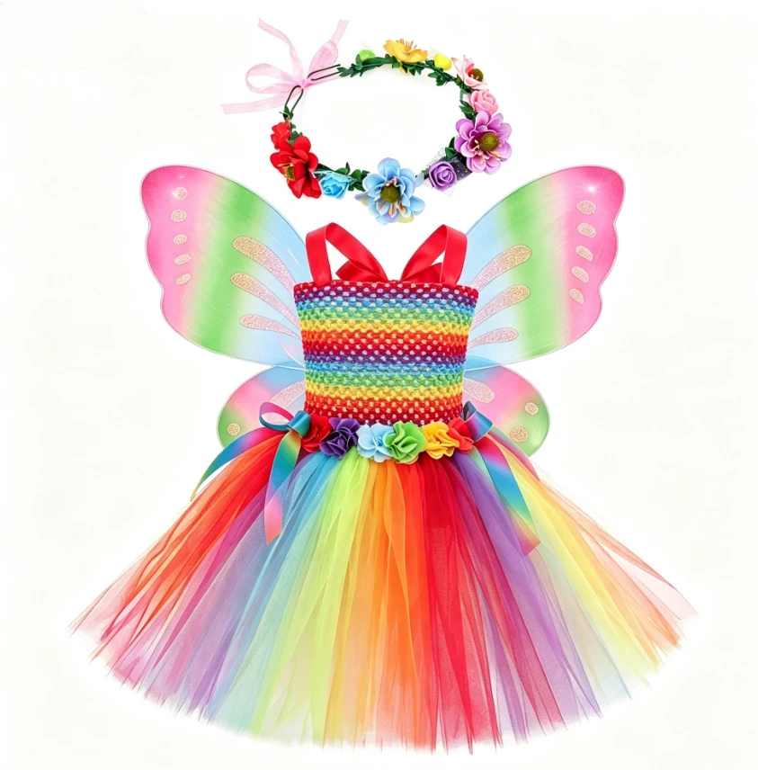 Rainbow Color Butterfly Fairy Sweet Fluffy Princess Tutu Dress With Wings Headband Outfit Halloween Carnival Party Role Play Set