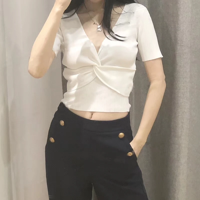 

Slimming Effect Knitted Top Women's V-ne ort-sved Pure Color Slim Fit Versatile T-irt Autumn New Arrival Cotton Comm...