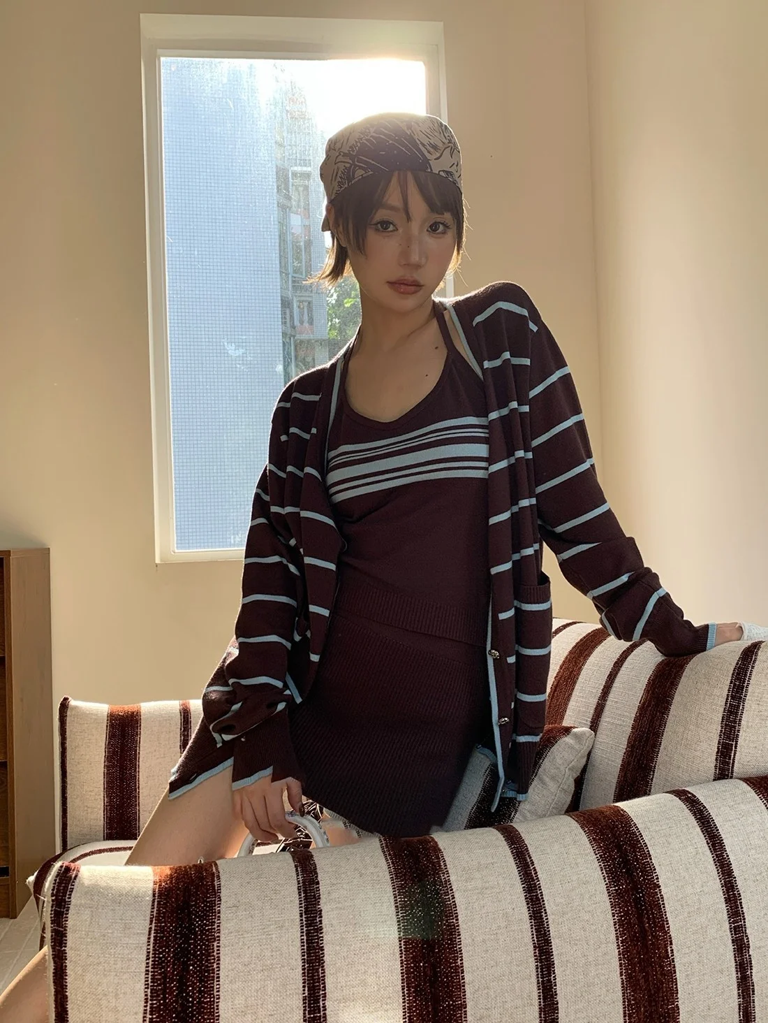 

NUMIND Casual Knitted Set Women's Slim Fit ort Skirt Cardigan Tee-Piece Suit Autumn Sle Polyester Fiber Ladieswear