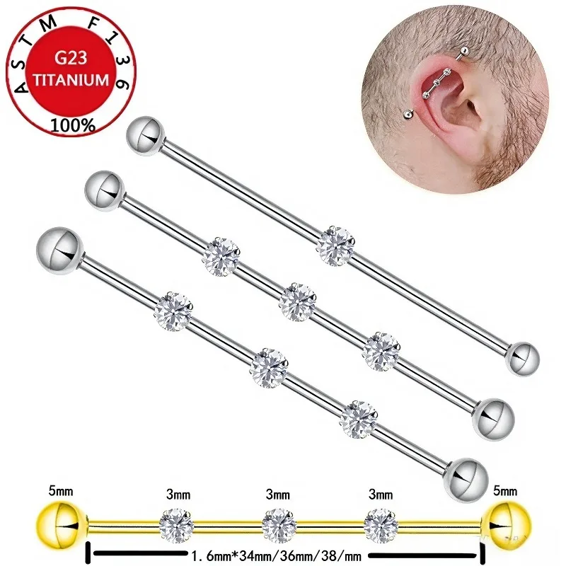 34-38mm G23 Titanium Double Holes Barbell Earring Four Claws Zircon Ear Bridge Tragus Helix Septum Piercing Studs Body Jewelry
