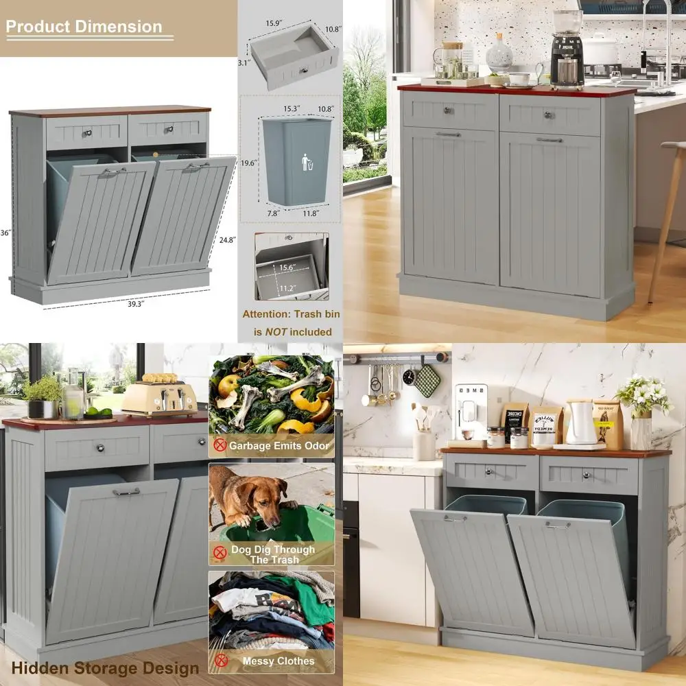 

Kitchen Double Bin Trash and Recycling Cabinet, Wooden, Gray