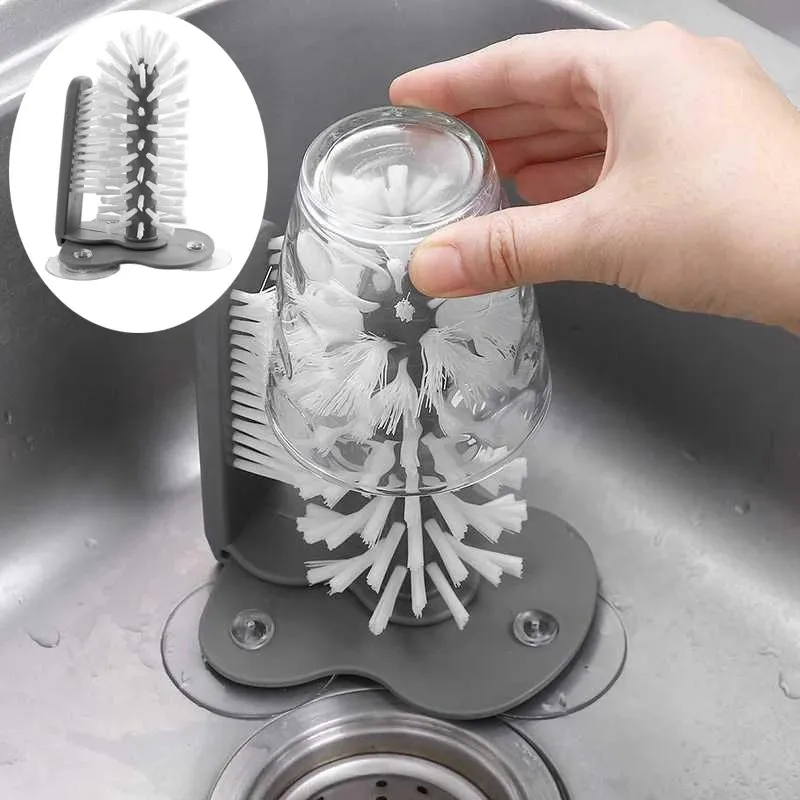 Cup Scrubber Glass Cleaner Bottles Brush Sink Kitchen Accessories 2 in 1 Drink Mug Wine Suction Cup Cleaning Brush Gadgets