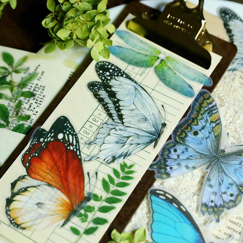 50pcs Large Size Butterfly Tropical Plant Stickers Junk Journal Decorative Vintage Animal Stickers Album Scrapbooking Material