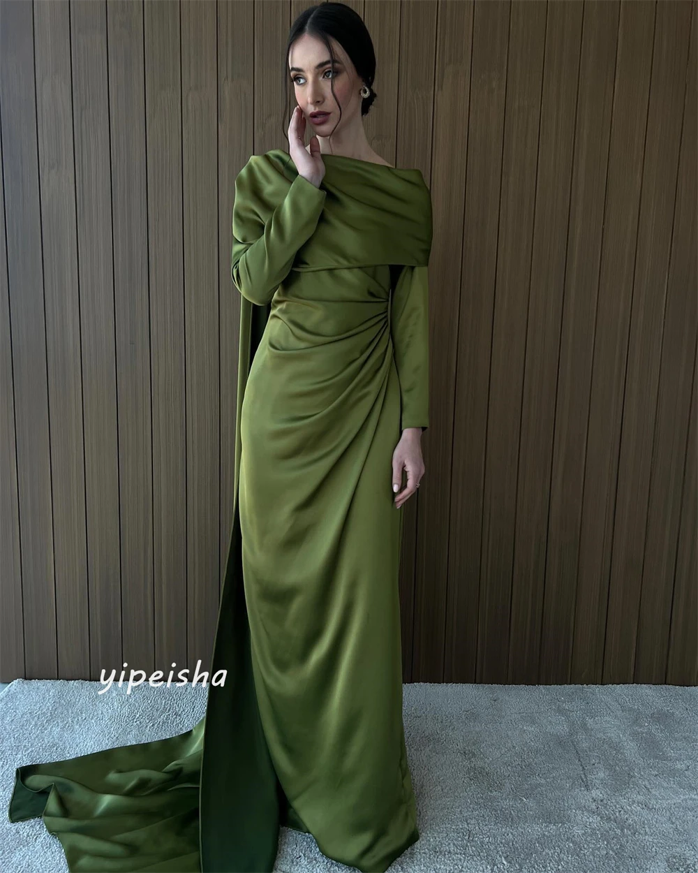 ที่กําหนดเอง S Draped Pleat Ruched ชุดราตรี A-Line คอเรือ Bespoke โอกาสชุดเดรสยาว