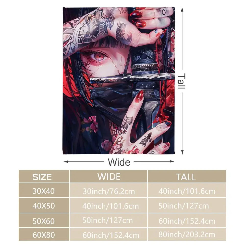 Anime Girl Samurai Throw Soft Flannel Blanket Warm Knee Skin-Friendly Throw for Sofa Office Bed Traveling Winter Oversize