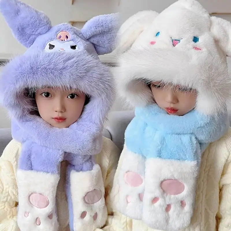 Sanrio Girl Hat Winter Kuromi Cartoon Thicken Keep Warm Child One Body My Melody Pochacco Cinnamoroll Fashion Kawaii Cute New