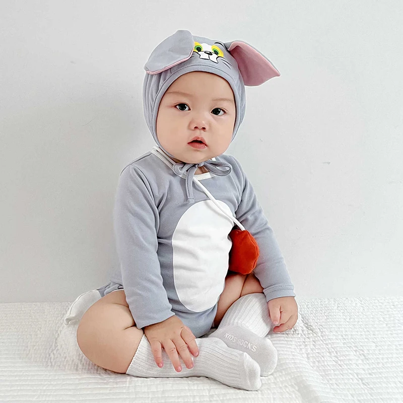 Unisex Baby Mouse Baby Mouse Outfit Jumpsuit Cute Newborn Infant Gray Cat Romper With Hat Child Halloween Costume