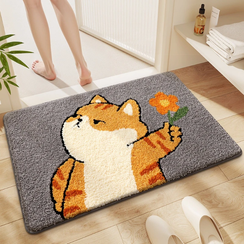 Thick Dense Tufted Cat Bathroom Rug, Cartoon Bathroom Decor Mat, Absorbent Non Slip Mat for Bathtub Side, Soft Skin Friendly