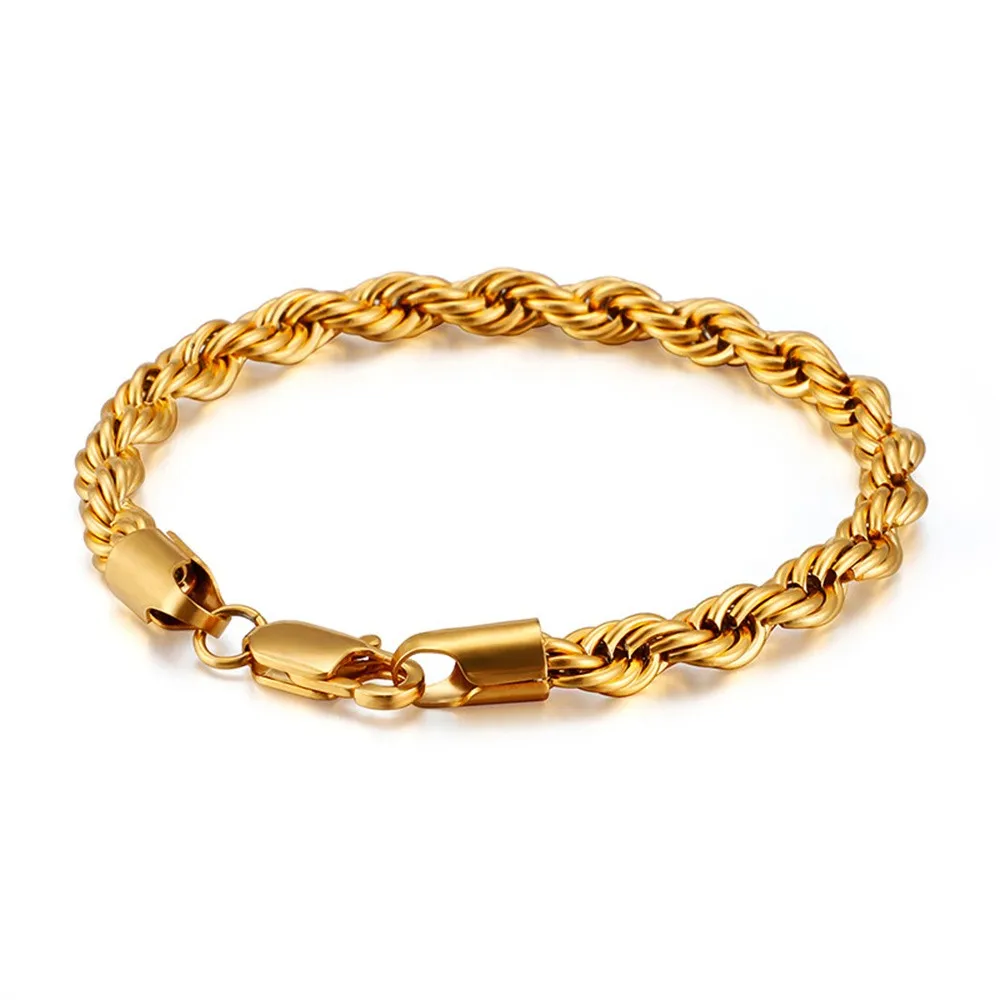 3/4/5mm Vintage Stainless Steel Twists Chain Men Bracelet 20CM Rock Gold Color Bracelet For Women Fashion Men Jewelry