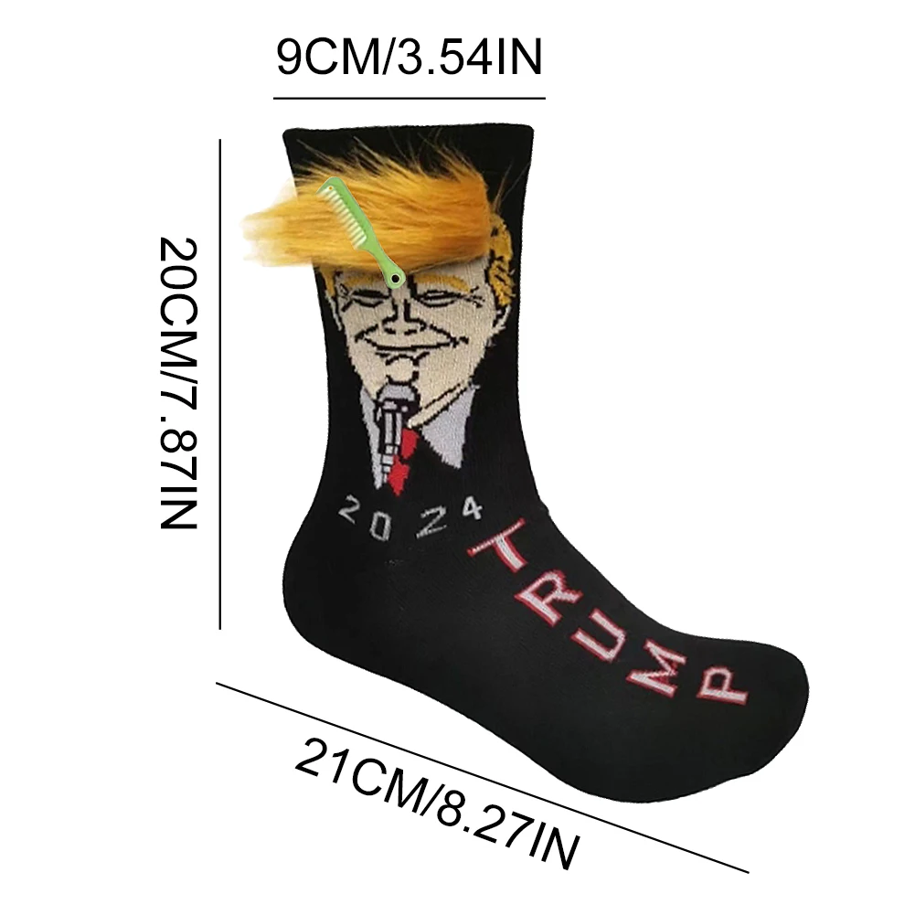 2024 Spoof Funny President Donald Trump Socks With 3D Fake Hair Crew Socks Mens Compression Socks Streetwear Hip Hop Cotton Sock