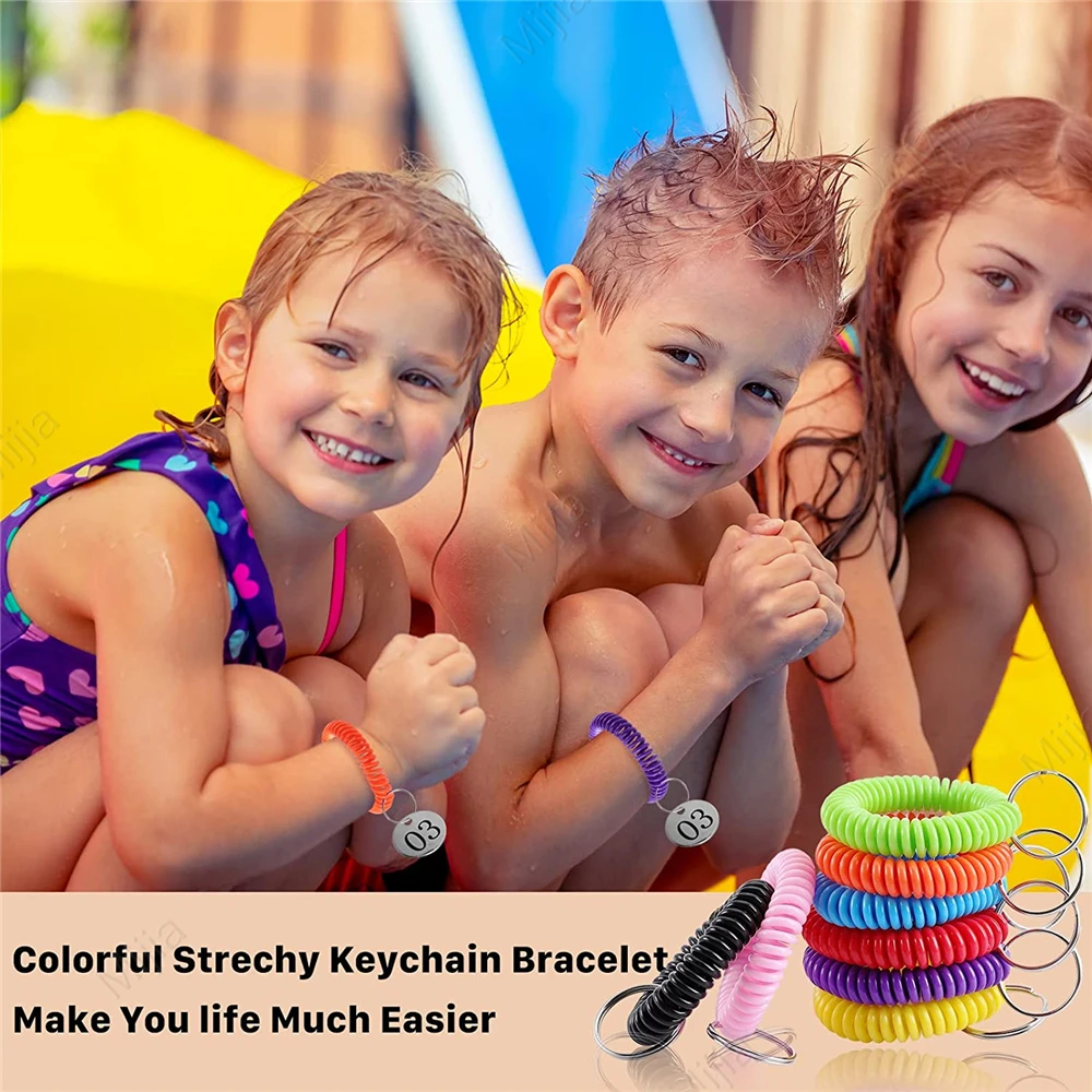 Multicolor Plastic Stretchable Spiral Bracelet Wrist Coil Keychains Wristband Key Ring for Number Tag Sport Pool ID Badge