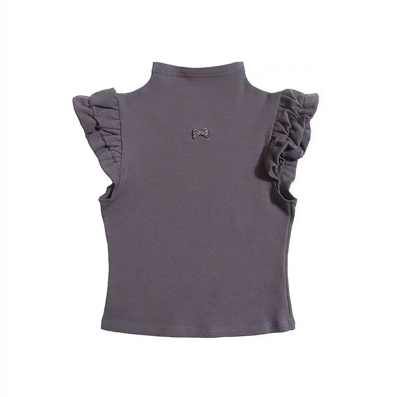 American Style E-girl Half Turtleneck T-shirt Women Flutter Sleeve Sweet Slim Fit Tops Summer New Harajuku Chic Design Short Top