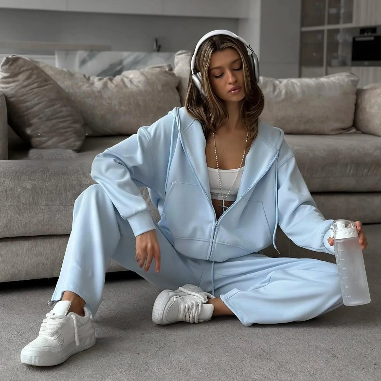 

Casual Hooded Cardigan And Pants Set Zipper Sweatshirt Sports Pants Ensemble Long Sleeve Cotton Winter Fashion Women's Set