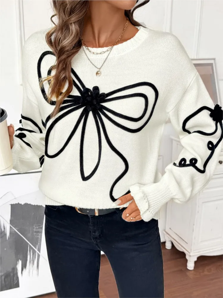 

Woman's Pulls Femmes Sweet Loose Bow Decorated Crew Neck Sweater For Women Temperament All-match Simple Style Casual Commuting