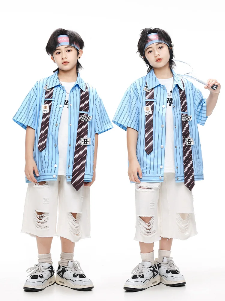 Kid Hip Hop Clothing Blue Striped Short Sleeve Shirt White Casual Distressed Shorts for Girl Boy Jazz Dance Wear Costume Clothes