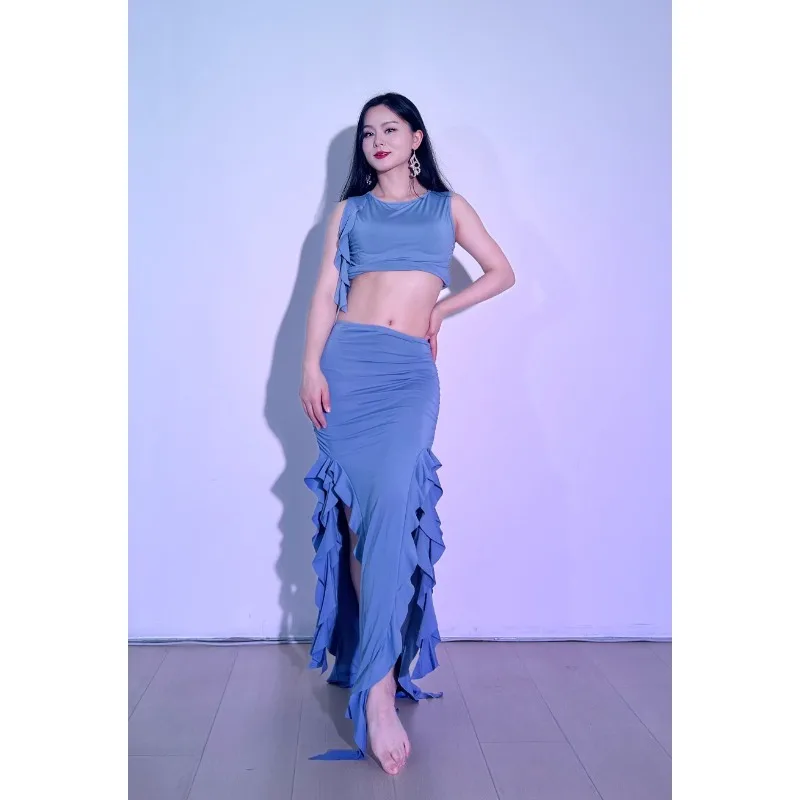 Traje de danza del vientre personalizado, vestido largo de práctica de danza Oriental con borde de hoja de loto, falda larga superior de danza del vientre