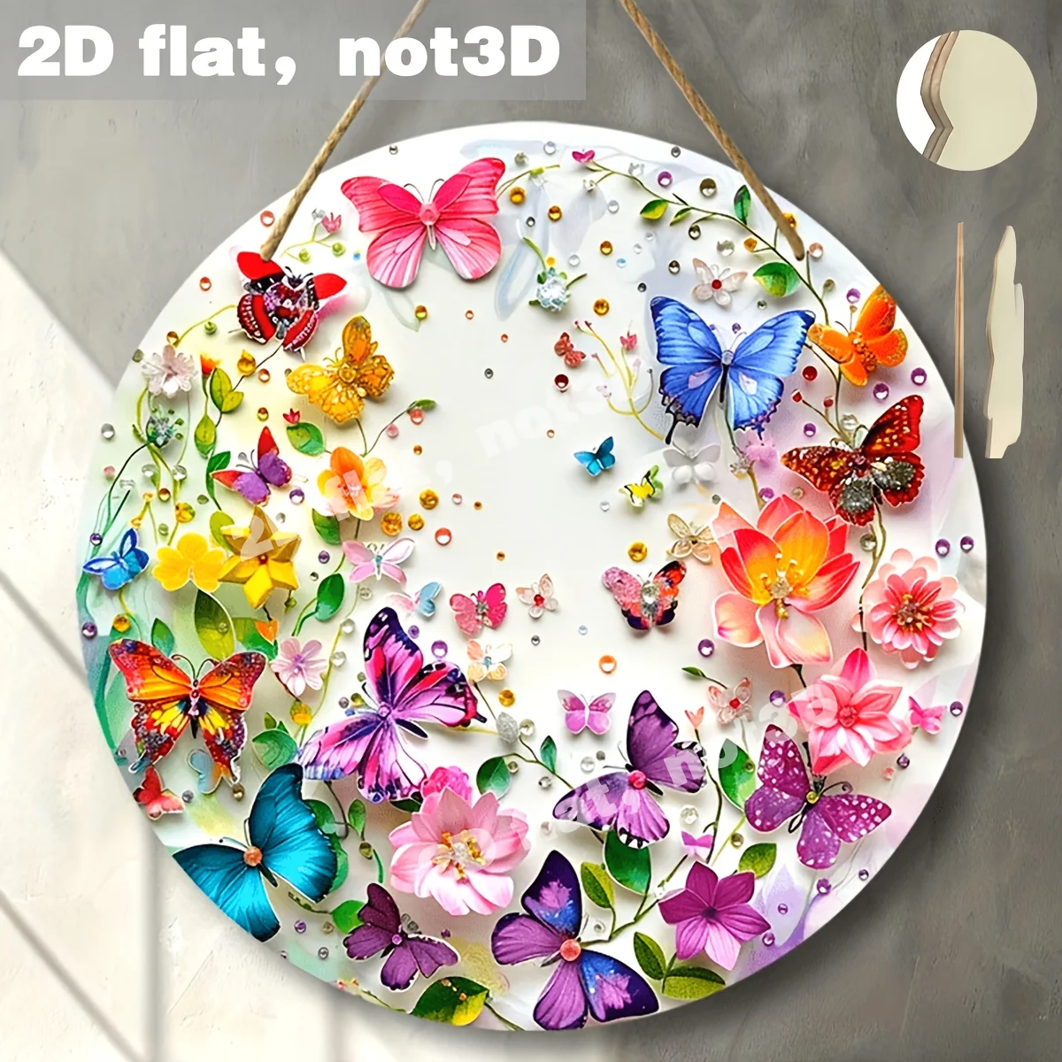 2D flat - circular wooden hanging decoration, 2D butterflies and flowers as the theme, living room, home