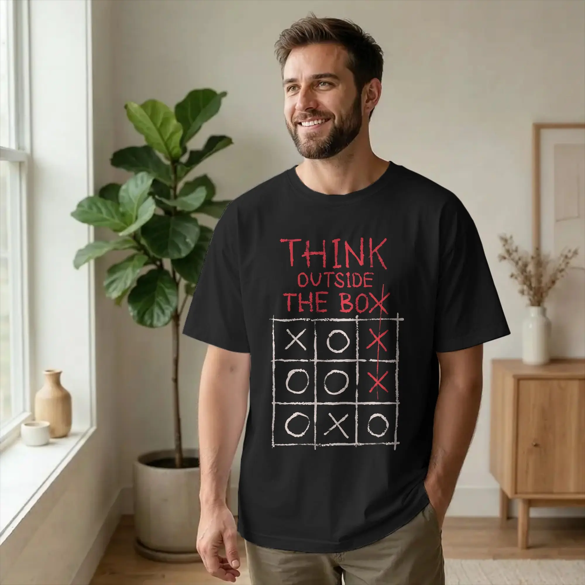Vintage Think Outside the Box   Tic Tac Toe T-Shirt Unisex Cotton Short Sleeve Cool Quote Crewneck Summer Tops